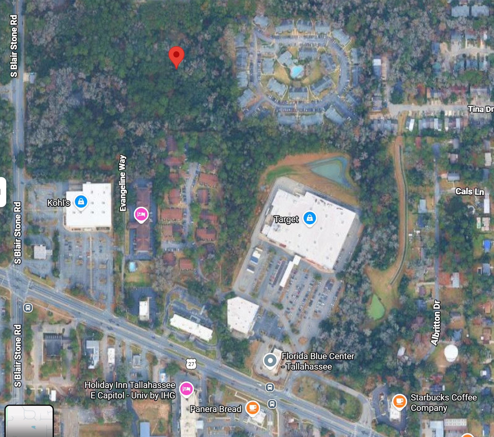 Aerial map showing the wooded development site north of Ridgewood Apartments, with Kohl’s to the southwest and Target to the southeast.